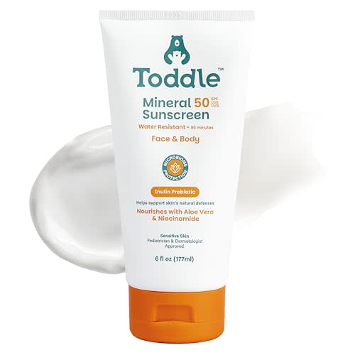 Toddle Prebiotic Mineral Sunscreen SPF 50 for Kids & Baby, Face & Body Sun Protection, Reef Safe, Non-Toxic Zinc Oxide Broad Spectrum, Water-Resistant, No White Cast, 6oz