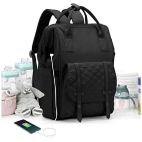 Diaper Bags Backpack Baby Bag for Mom Dad Baby Girls Boy, Cute Mult Diaper Nappy Bag Travel Back Pack, Water Repellent Maternity Changing Bag Baby Stuff with USB Charging Port Black