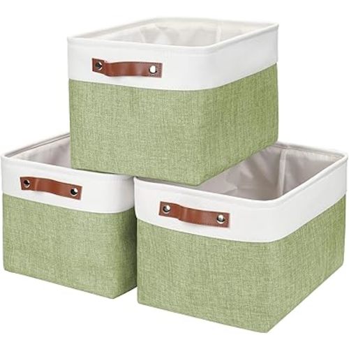 Storage Bins Large Fabric Storage Baskets for Shelves 3 Pack, Decorative Linen Closet Baskets with Handles for Organizing, Shelf, Clothes, Home, Office, 15x11x9.5Inches (Green&White)