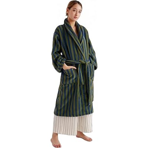 7 VEILS Womens Pure Cotton Yarn Dyed Terry Cloth Bathrobe Checker Stripe Spa Robe Good Absorbent Towel