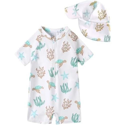 WYTbaby Baby Rash Guard Swimsuit Boy Girl with Sun Hat Infant Short Sleeve One Piece Zipper Sunsuit Toddler Swimwear