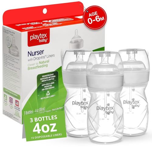 Playtex Baby Anti-Colic Baby Bottles with Drop-Ins® Liners – Newborn Baby Essentials, 4 oz Bottles, 3-Pack