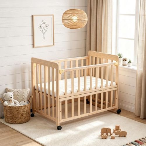 GDFStudio Caledonia Modern Wooden Mini Crib with Mattress，Natural