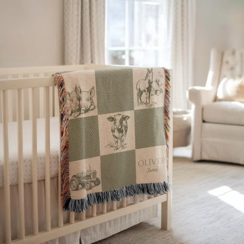 Personalized Farm Animal Baby Woven Blanket, Vintage Barnyard Nursery, Farm Baby Shower Gift, Hand Draw Farm Blanket, Farm Nursery Decor