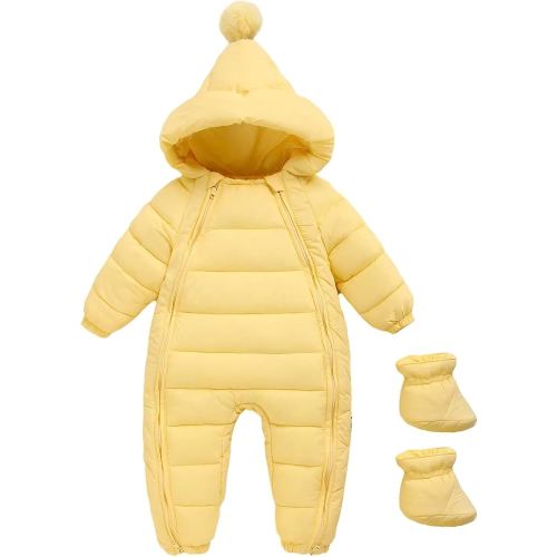 ZYXKTA Baby Snowsuit Newborn Unisex Hooded Double Zipper Jumpsuit 0-3 Months Infant Girls Boys Winter Yellow Romper Warm Outfit