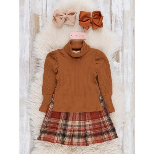 Ribbed Turtleneck & Plaid Skirt Outfit - Cinnamon