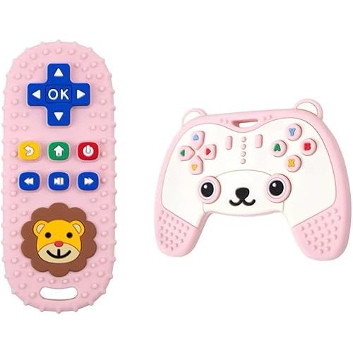 Baby Teething Toy, Soft TV Remote and Game Controller Shape Chew Set, Educational Toy for Intellectual Development, Safe Silicone for Toddler and Infant (Pink (Panda Handle + Lion Remote Control))