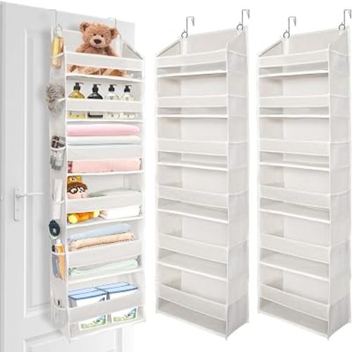 ULG 2 Pack Over The Door Organizer with 6 Large Pockets 12 Side Pockets, 50lbs Weight Capacity Door Hanging Organizer for Bedroom, Bathroom, Pantry, Nursery Storage, Beige