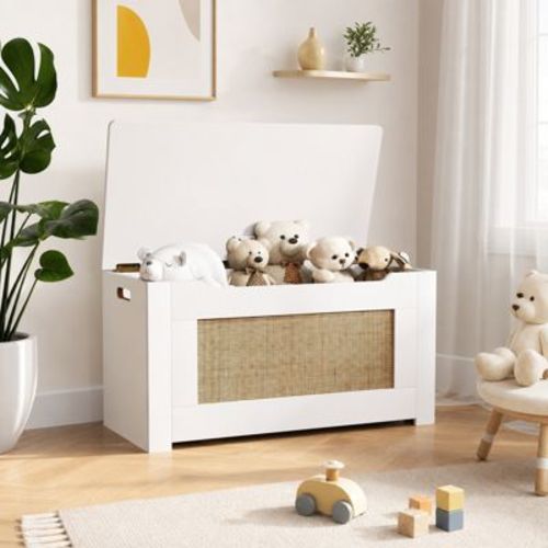 Rattan Kids Toy Storage Box with Flip Top Lid and Safety Hinges, White