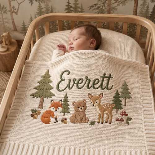 Personalized Woodland Baby Blanket, Custom Name Nursery Gift for Newborn Boy Girl, Baby Shower Forest Animal Crib Blanket