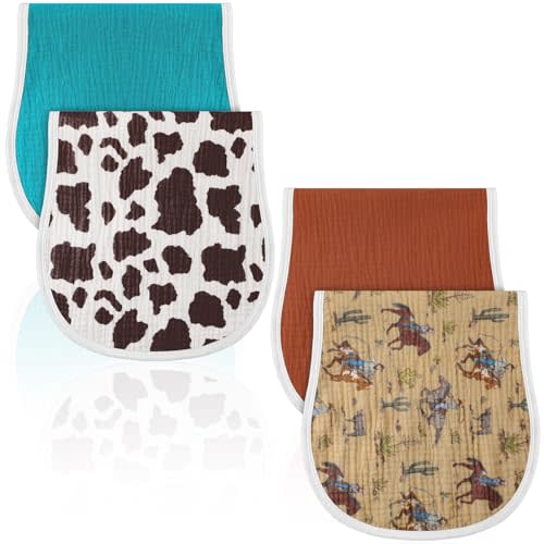 Hahafelt 4 Pcs Western Cowboy Baby Burp Cloths 100% Cotton Absorbent & Soft Burping Cloth Newborn Towel 2-in-1 Large Size Baby Spit up Burping Rags Set for Boys and Girls Infant Newborn