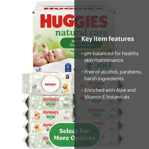 Huggies Natural Care Sensitive Baby Wipes, Unscented, 10 Pack, 560 Total Count (Select for More)