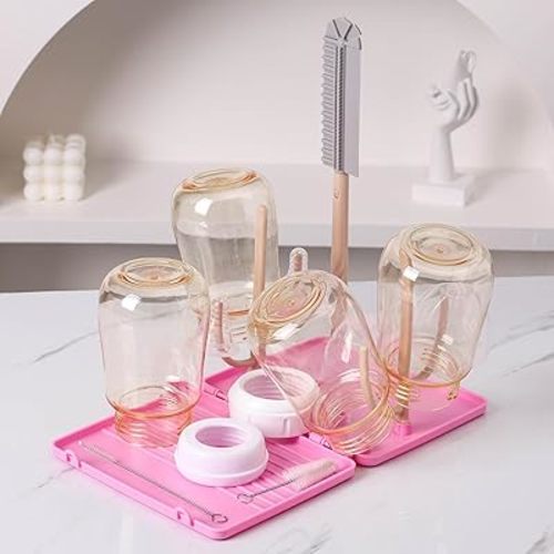 Baby Bottle Drying Rack -Travel Baby Bottle Drying Rack Set, Cleaner Kit with Silicone Bottle Brush,Straw Brush, Suitable for Home use or Traveling with Babies (Pink)