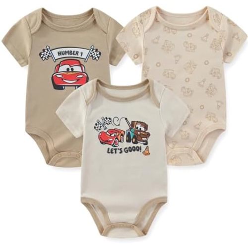 Disney Cars Lightning McQueen Tow Mater Baby Boys 3 Pack Bodysuit for Newborn and Infant