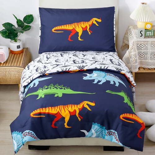 PERFEMET 4-Piece Toddler Bedding Set - Ultra Soft Cartoon Jurassic Dinosaur Print Boys Toddler Comforter Set - Include Comforter, Flat Sheet, Fitted Sheet and Reversible Pillowcase, Blue Dinosaur