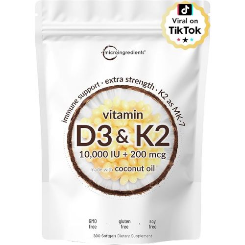 Micro Ingredients Vitamin D3 10,000 IU + K2 MK-7 200 mcg, 300 Softgels | Virgin Coconut Oil | 2-in-1 Bone, Immune & Heart Support | Easy to Swallow, Non-GMO