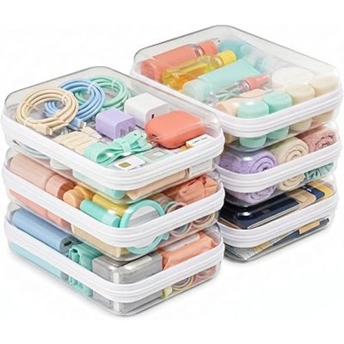 6 Pack Clear Hard Shell Zipper Case, Clear Storage Organizer Bins with Zipper, Water-Resistant Travel Toiletry Bag for Makeup, Cables, Snacks, Crafts, Office Supplies