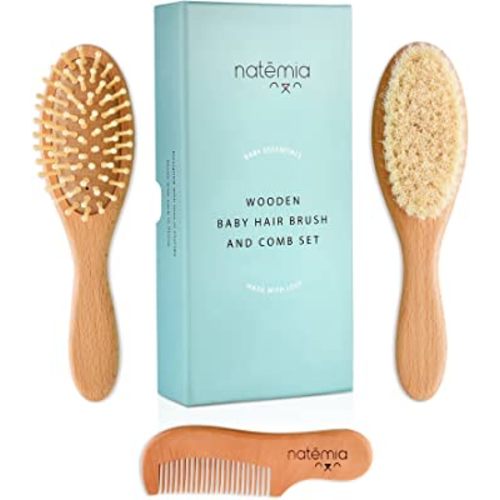 Natemia Premium Wooden Baby Hair Brush and Comb Set – Natural Soft Bristles – Ideal for Cradle Cap - Perfect Baby Registry Gift
