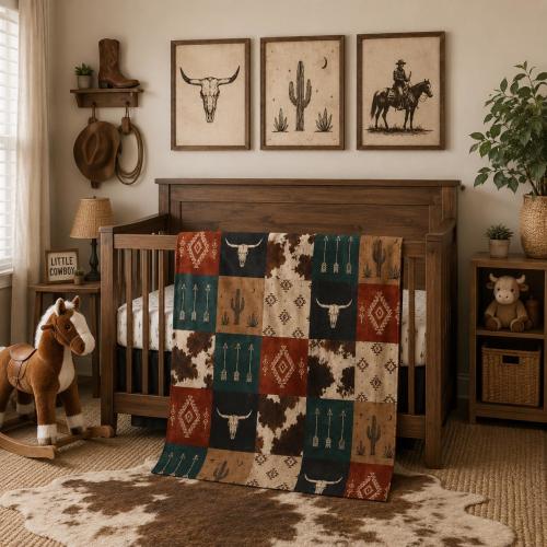 Western Baby Blanket with Cowhide, Arrows, Cactus, Cows, Cowboy Nursery