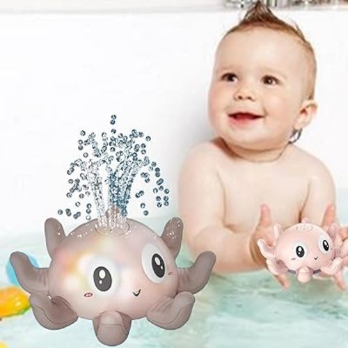 Light Up Octopus Sprinkler Baby Bath Toy with 4 Tossing Rings, Fountain Water Toy for Kid ,Bathtub Swimming Toys for Infant Baby Toddlers Newborn Boys Girls Birthday Gifts (Pink)