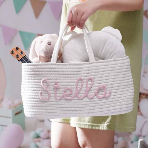 Baby Girl Gift, Shower Name Diaper Caddy, Personalized Baby Basket, Custom Boy Rope Nursery Cotton Toys Portable Holder Tote Travel Gifts