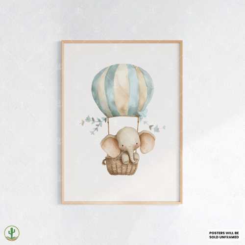 Elephant in Hot Air Balloon | Nursery Wall Art Print | Cute Baby Room Decor | Animal Kids Poster | Printable Baby Room Art