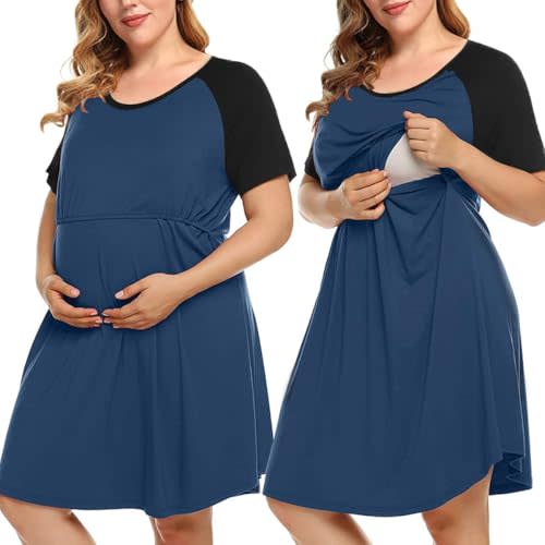 MONNURO Plus Size 3 in 1 Labor/Delivery/Hospital Maternity Nightgown Dress | Soft Fabric,Maternity Nursing Dress with Pockets & Elastic Waistline,1XL-5XL,for Pregnant&Postpartum,Daily Wear,Loungewear
