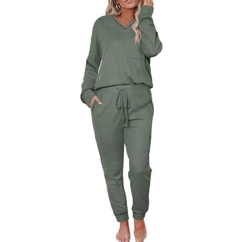 Womens Pajama Sets Waffle Knit 2 Piece Lounge Sets Sleepwear Loungewear Pjs Long Sleeve Maternity Postpartum Pajamas