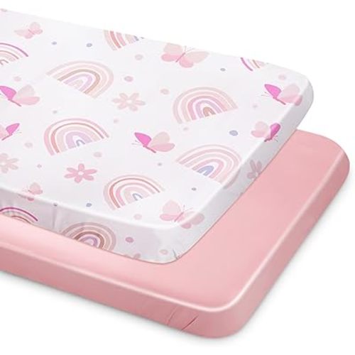 Unicorn Castle Satin Bassinet Sheets Baby 2 Pack Soft for Baby Hair Skin Fitted Bedside Bassinet Sheets for Newborn for Oval Rectangle Hourglass Bassinet Mattress,White Butterfly- Pink