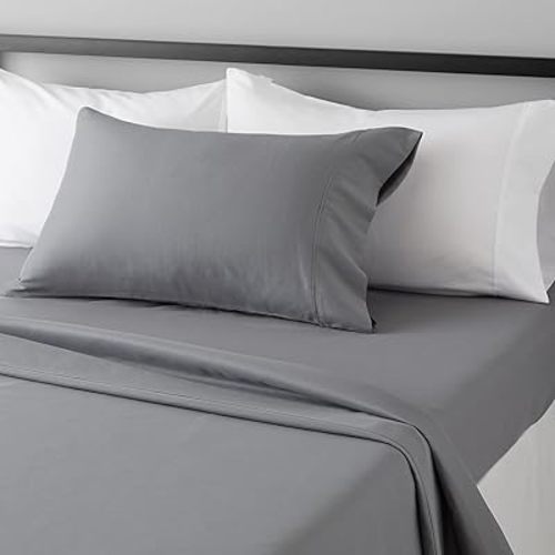 Amazon Basics Lightweight Super Soft Easy Care Wrinkle Free Microfiber 3 Piece Bed Sheet Set with 14-Inch Deep Pockets, Twin, Dark Gray, Solid, Kids, Men & Women Bedding