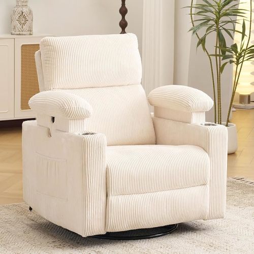 Oversized Power Recliner Chair Swivel Glider with Massage and Heat, Swivel Rocker Recliner with Adjustable Armrests, Nursery Chair with Adjustable Headrest, Rocker Nursery Recliner, Corduroy Beige