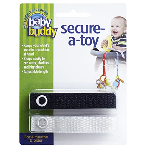 Baby Buddy Secure-A-Toy - Straps Toys, Teether, or Pacifiers to Strollers, Highchairs, Car Seats— Safety Leash With Adjustable Length to Keep Toys Sanitary & Clean, Black/White 2 Count