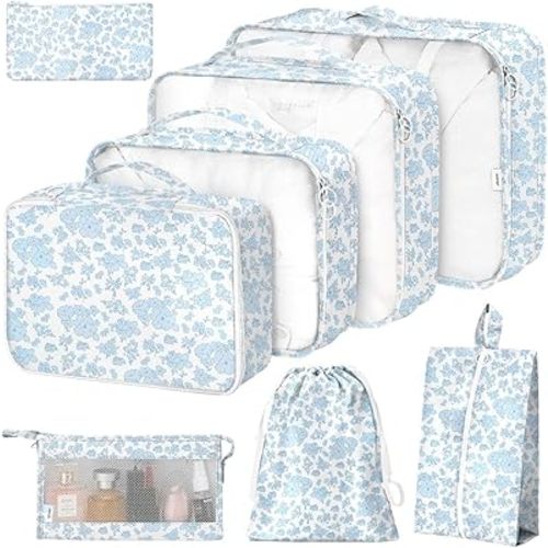 8 Set Packing Cubes for Suitcases,Packing Cube with Shoe, Cosmetics, Clothing, and Accessories Bags Packing Cubes for Travel Luggage Organizer Women Men(Blue Flowers)