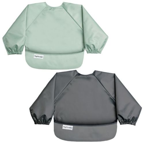 Tiny Twinkle Mess-Proof/Waterproof 2-Pack Long-Sleeve Baby Bib, Machine Washable Smock for Eating (Sage Charcoal, Small 6-24 Months)