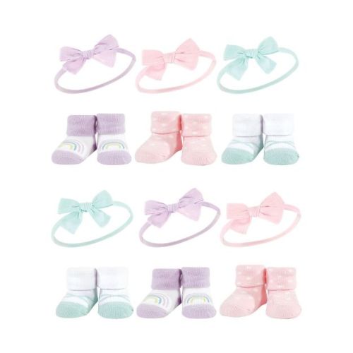Hudson Baby Infant Girl 12Pc Headband and Socks Giftset, Purple Mint Rainbow, One Size