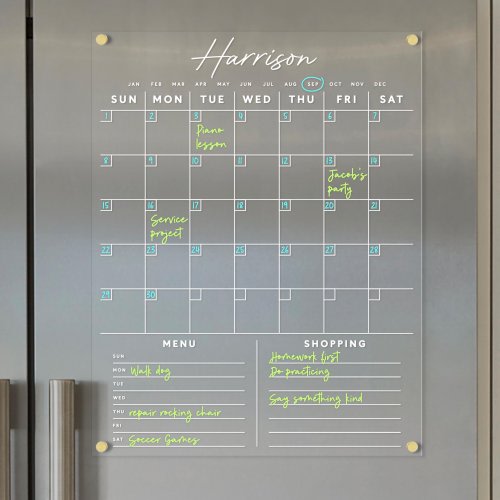 Elegant Custom Family Fridge Calendar | Modern Kitchen Organization Board | Clear Acrylic Dry Erase Calendar with Customizable Sections