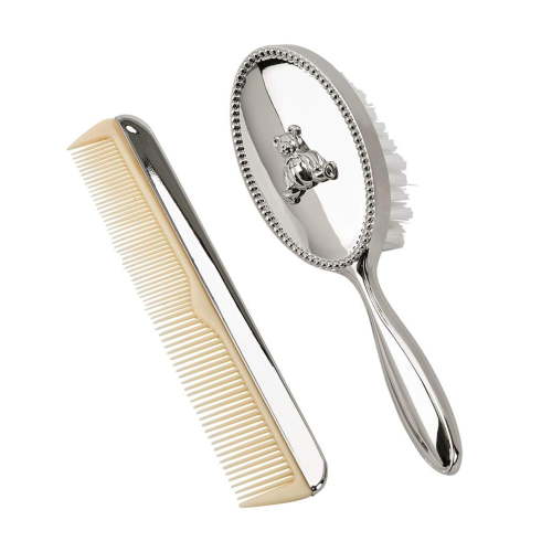 Teddy Bear Silver Tone 6 inch Plated Metal Brush and Comb Kit Set
