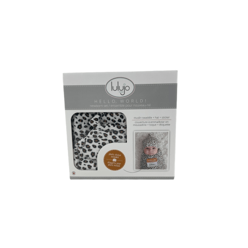 Lulujo Hello World Newborn Hat and Swaddle Blanket Set, Leopard
