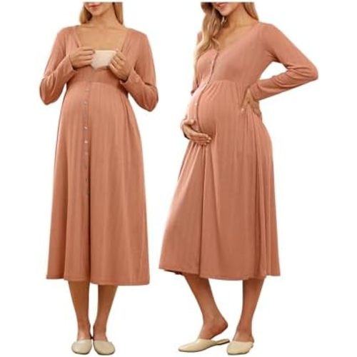 OUGES Cotton Blend Maternity Pajamas Nightgown Button Down Nursing Gown Labor Delivery Breastfeeding Dress with Pockets