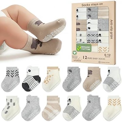 Organic Cotton GOTS Certified Newborn Socks 12 Pair - 6-12 Months – Soft and Comfortable Baby grip Socks, Premium Newborn Baby Socks, Gift for Little Boys