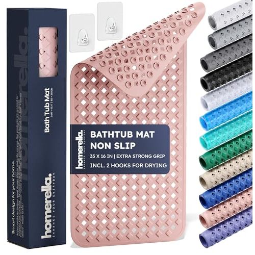 homerella® Bathtub Mat Non Slip 35x16, Incl. Hooks for Drying, Extra Long, 100% BPA Free, Shower Mat Non Slip Anti Mold, Machine Washable, Shower Mats for Inside Shower Mildew Resistant