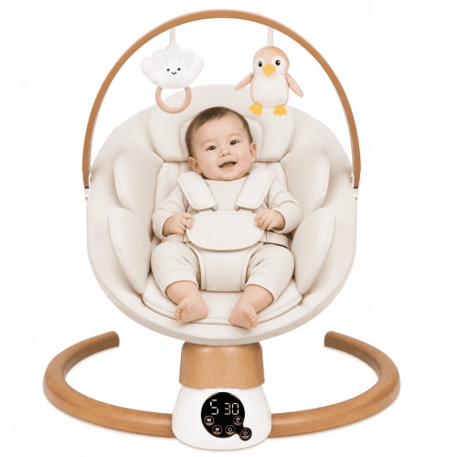 PRVAETU Baby Swing for Infants & Newborns 0-12 Months,Swing Rocker with 3 Timers,5 Speeds,10 Lullabies,5-Point Harness,Remote Control,Beige