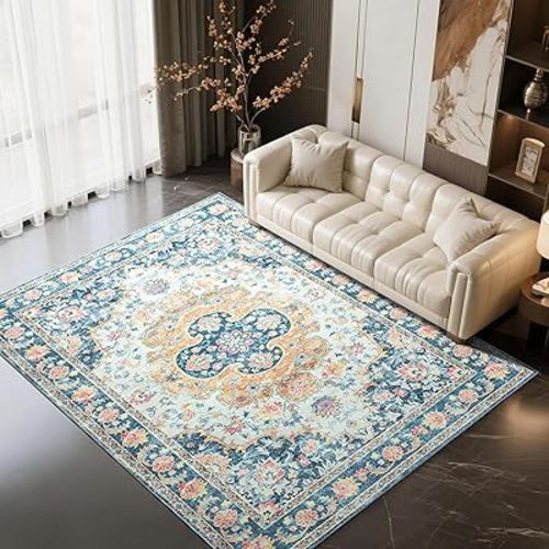 5x7 Area Rug for Living Room, Machine Washable Rugs with Non-Slip Backing for Bedroom, Vintage Throw Rugs Low Pile Carpet for Dining Room Kitchen Office Home Decor, Blue