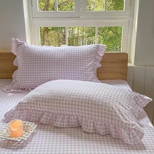 NSNLGSGC Pink Ruffled Plaid Gingham Standard Size Pillow Shams 20"x26", Set of 2 Blue Checked Pre-Washed Microfiber Farmhouse Pillowcases for Bed/Sofa (20"x26", Pink Gingham)