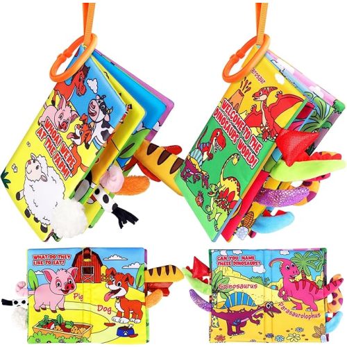 Soft Baby Books for 0-18 Months, 2PCS Crinkle Cloth Book - Dinosaur and Farm Themes, Tummy Time Toys for Infants 0-6-12-18 Months, Sensory Books for Babies, Ideal Christmas
