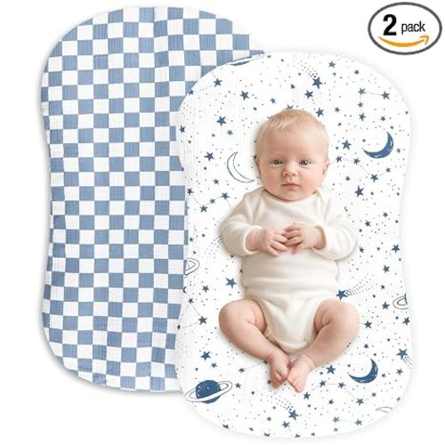 Cotton Muslin Baby Lounger Cover 2 Pack (Blue Checker, Star)