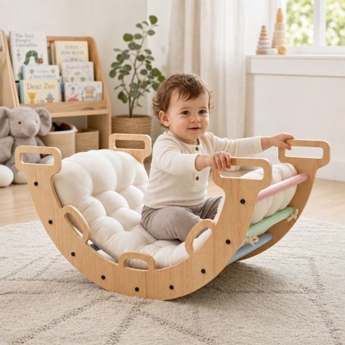 Wooden Rocking Climbing Arch 3-in-1 Climbing Toys for 1 Year Old with Cushion, Macaron