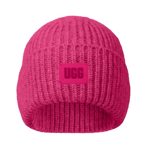 UGG Kids’ Chunky Rib Beanie with Seamless Crown, Soft Rib-Knit Fabric, and Leather Logo Patch