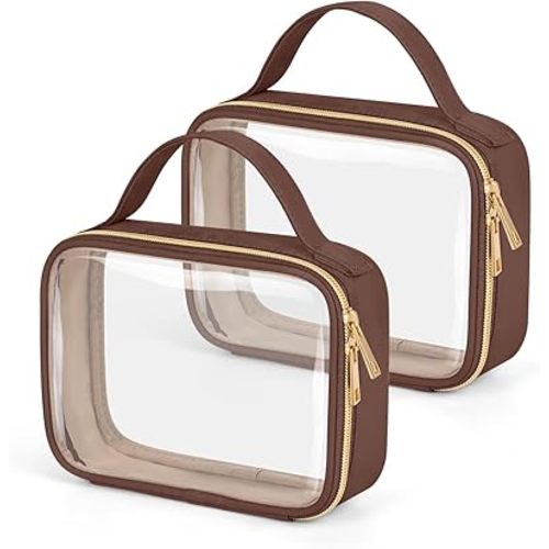 Wedama TSA Approved Toiletry Bag, 2 Pack Clear Makeup Bags with Handles, Quart Size PVC Clear Cosmetic Bags for Women and Men, Carry on Airport Airline Compliant Bag, Brown
