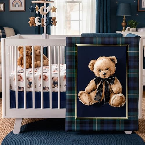 Hahafelt 3 Piece Teddy Bear Tartan Plaid Crib Bedding Set for Baby Boys